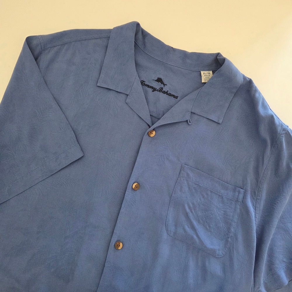 Tommy Bahama Button Down Blue Silk Tropical Jacquard Camp Shirt Mens XL